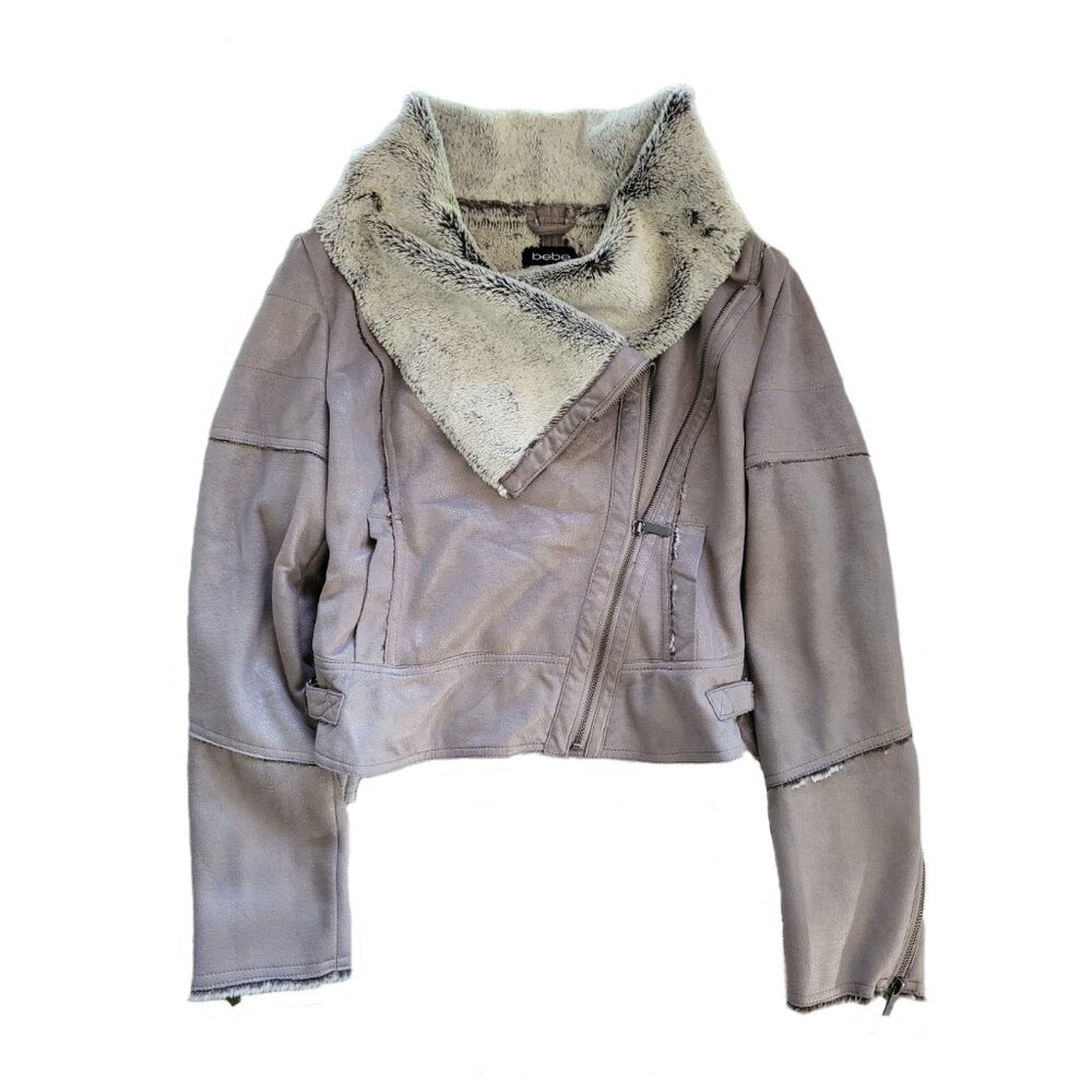 BEBE Suede Cowl Neck Moto Jacket